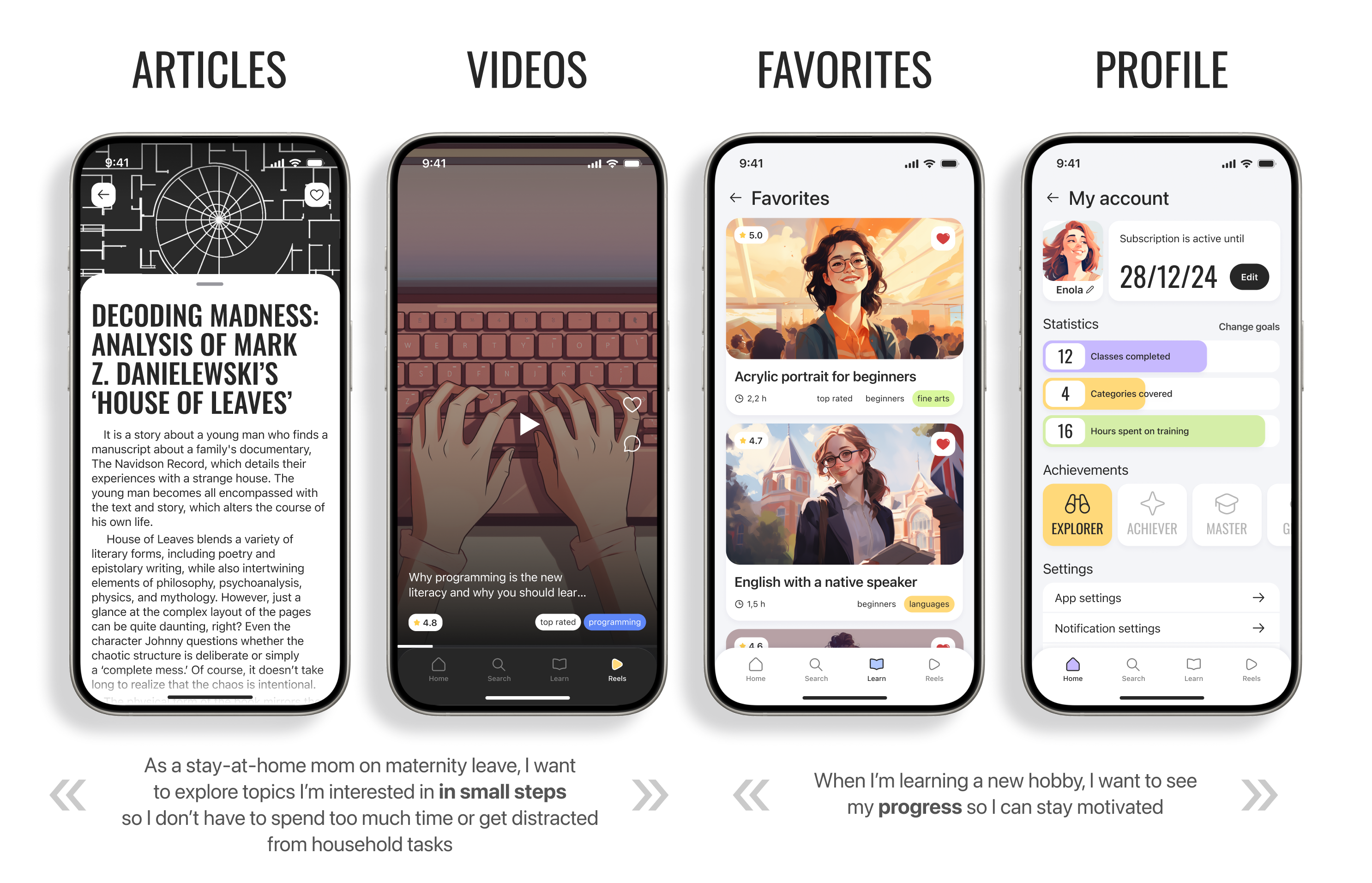 Articles, videos, favorites and profile layouts